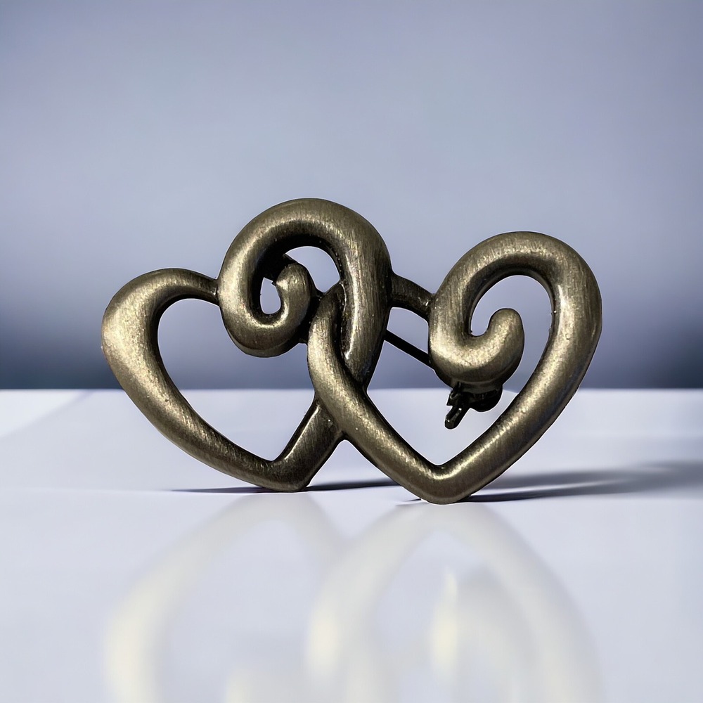 Open Double Heart Intertwined‎ Brooch Pin Silver Tone Metal Love Gift Vintage